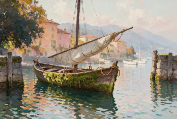 Quadro di una barca a vela ormeggiata in un porticciolo del Lago Maggiore con lo scafo coperto di alghe