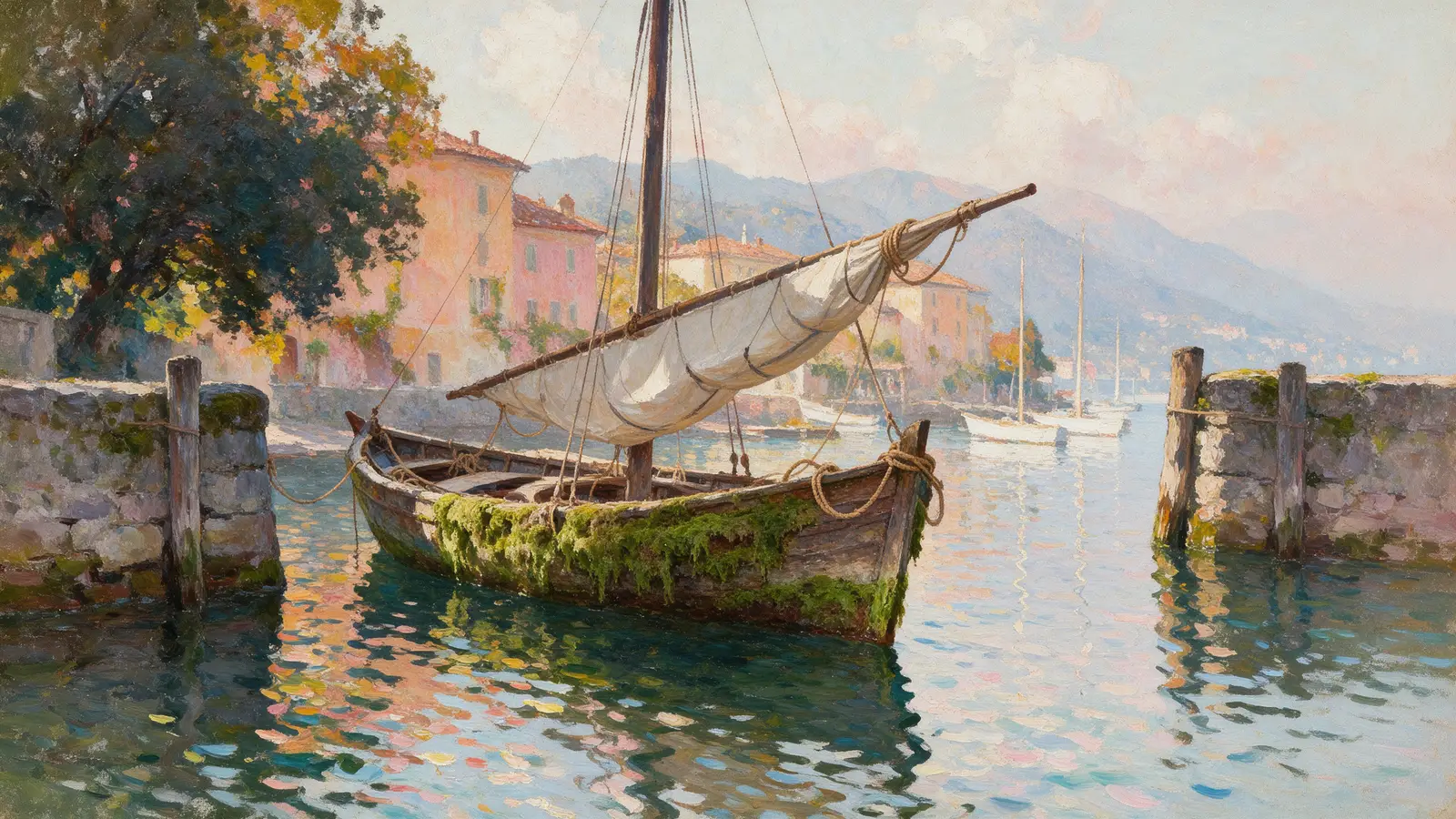 Quadro di una barca a vela ormeggiata in un porticciolo del Lago Maggiore con lo scafo coperto di alghe